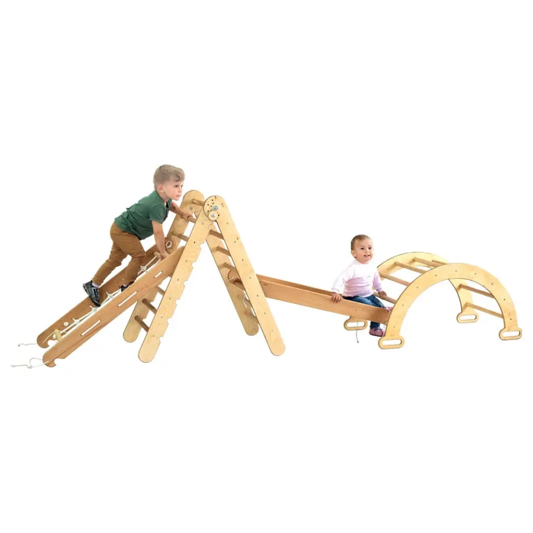 goodevas Goodevas 4in1 Montessori Kletterset: Dreiecksleiter + Bogen/Wippe + Rutschbrett/Rampe + Kletternetz - Beige