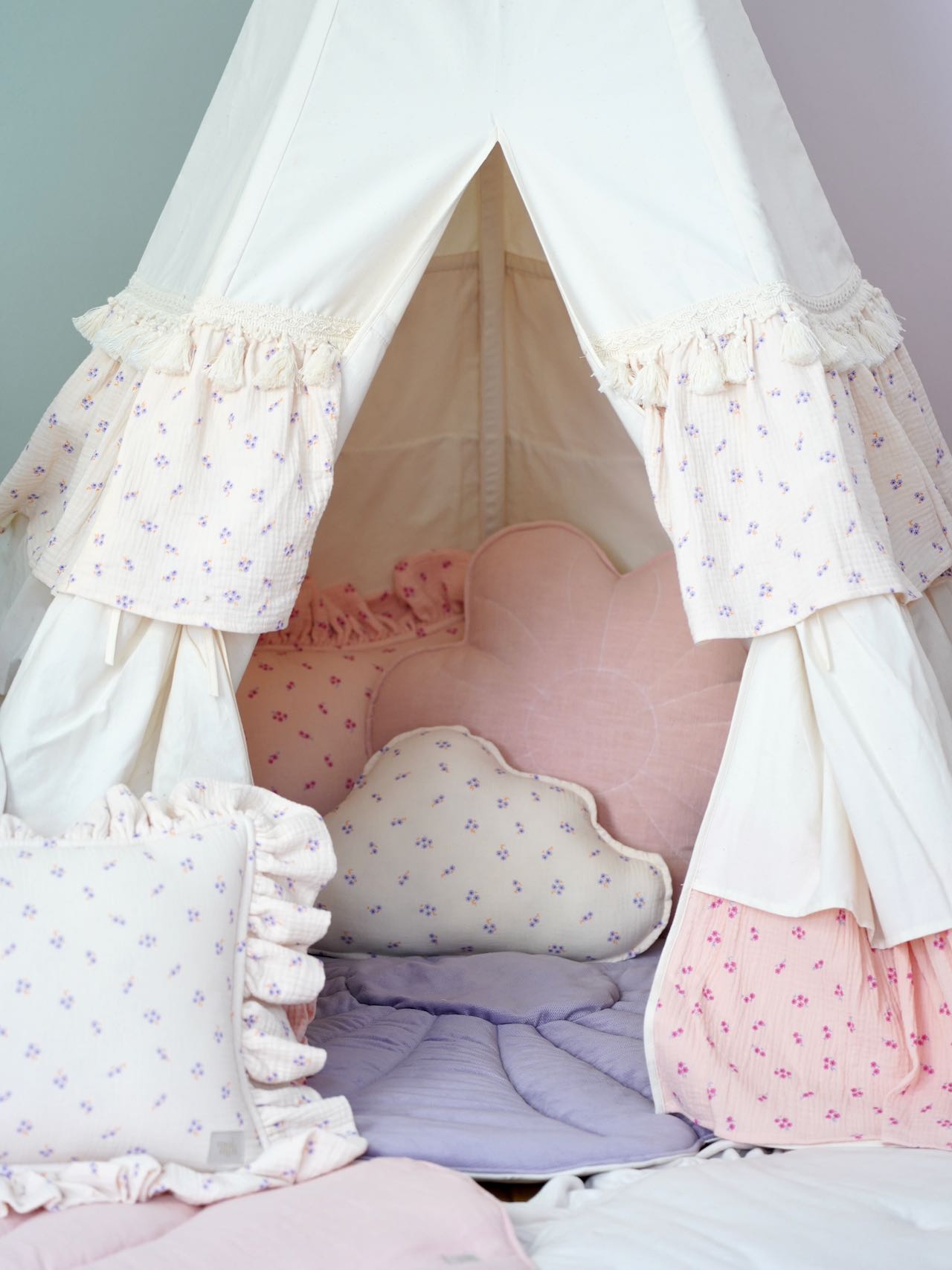 moimili Set Tipi-Zelt für Kinder mit einer Blume „Hellrosa“ Bloom-Matte „Vergissmeinnicht“