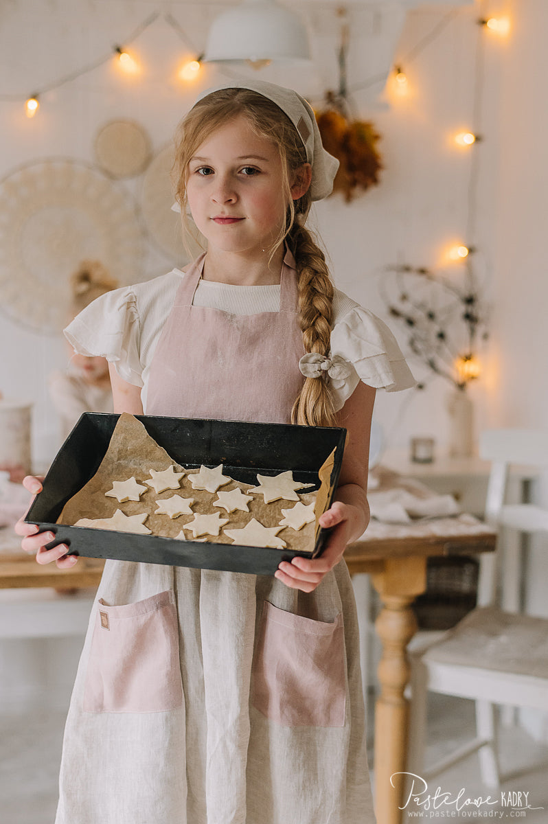 moimili Leinen Küchenschürze für ein Kind mit Stirnband Süßer Kuchen