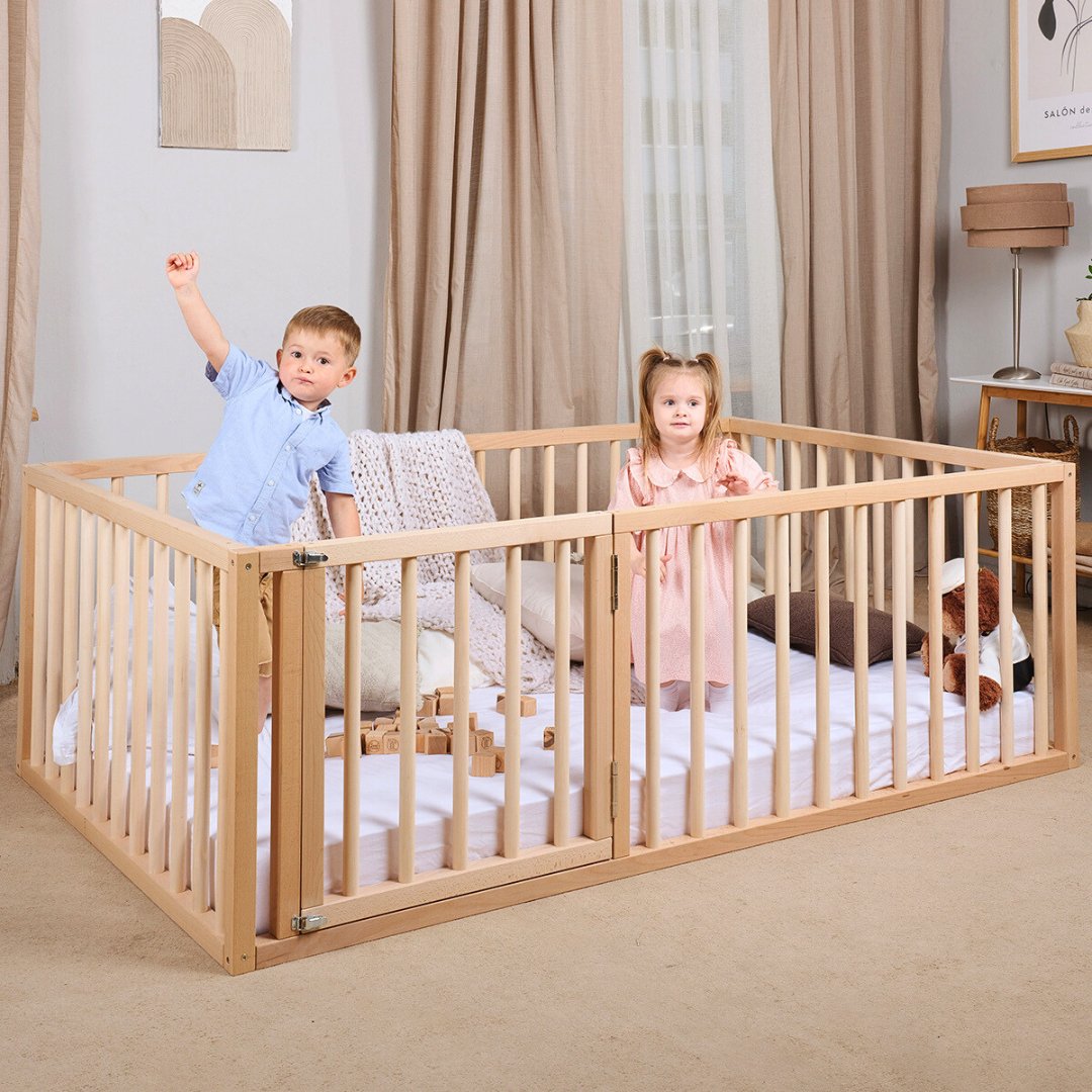 goodevas Goodevas Montessori-Möbel: Holzboden-Bettgestell für Kleinkinder mit Zaun