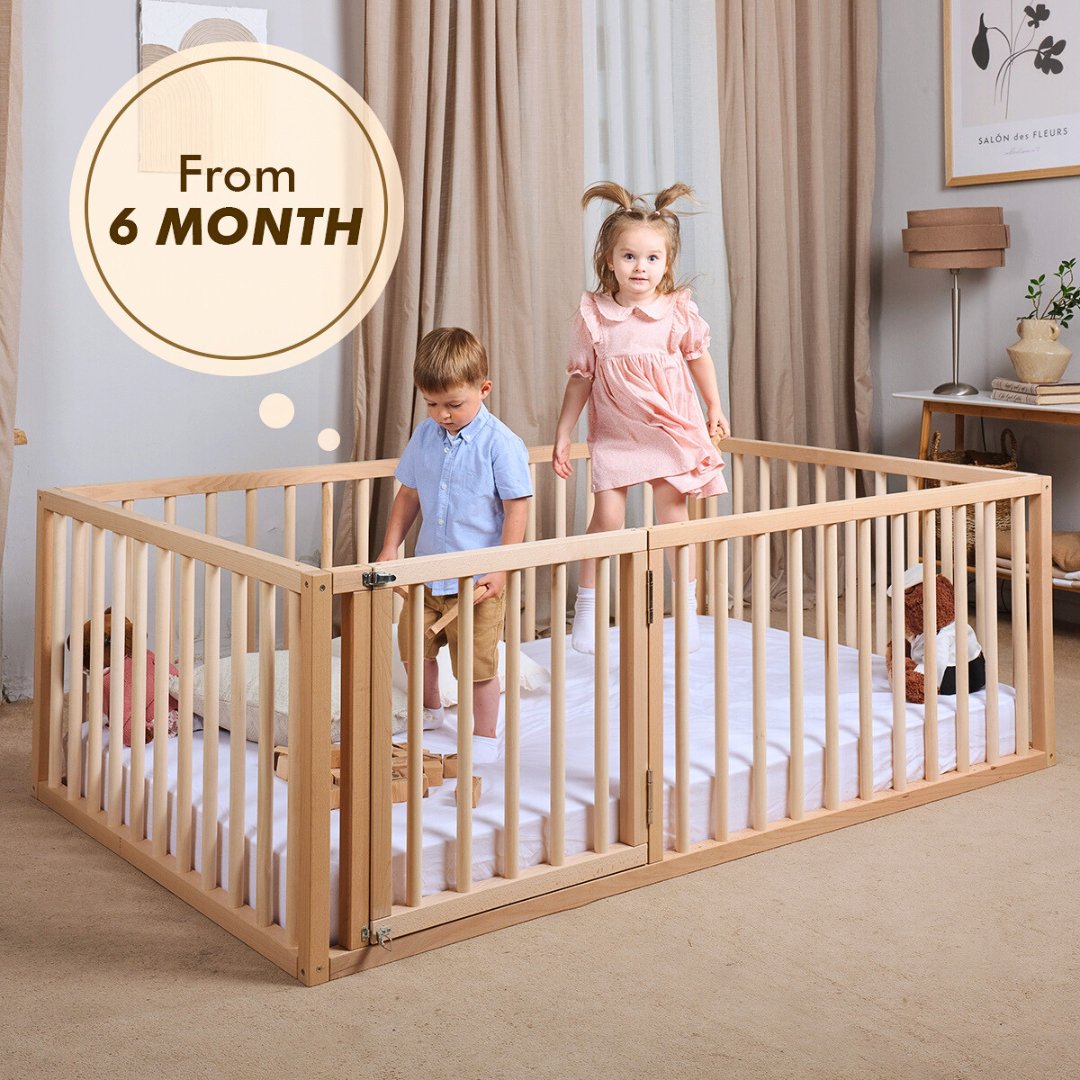 goodevas Goodevas Montessori-Möbel: Holzboden-Bettgestell für Kleinkinder mit Zaun