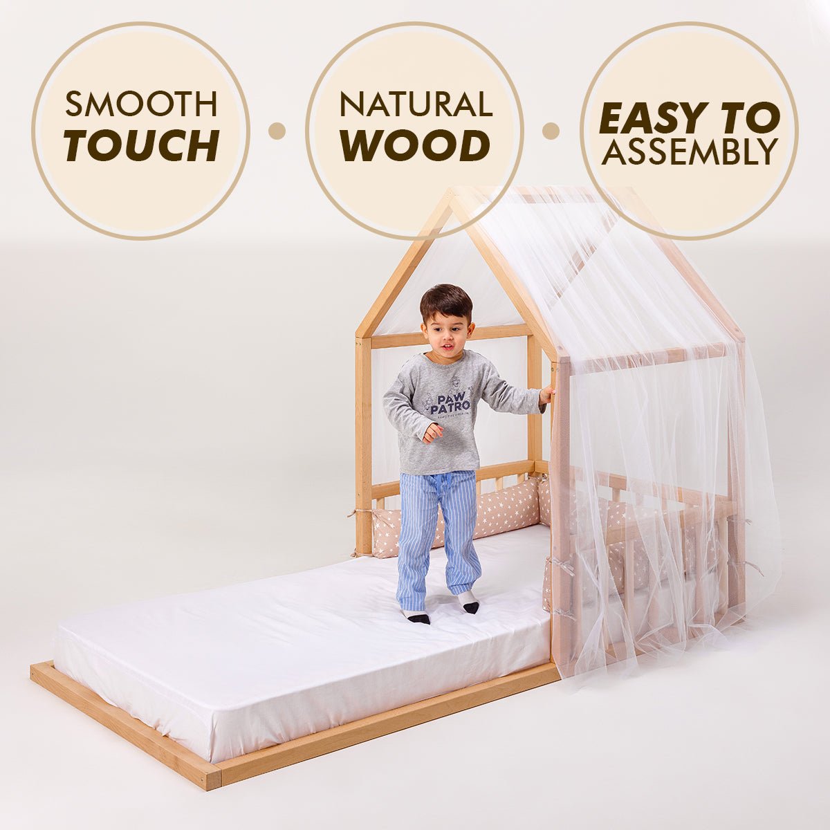 goodevas Goodevas Montessori-Möbel: Holzhaus Bodenbett für Kinder mit Zaun und Dach