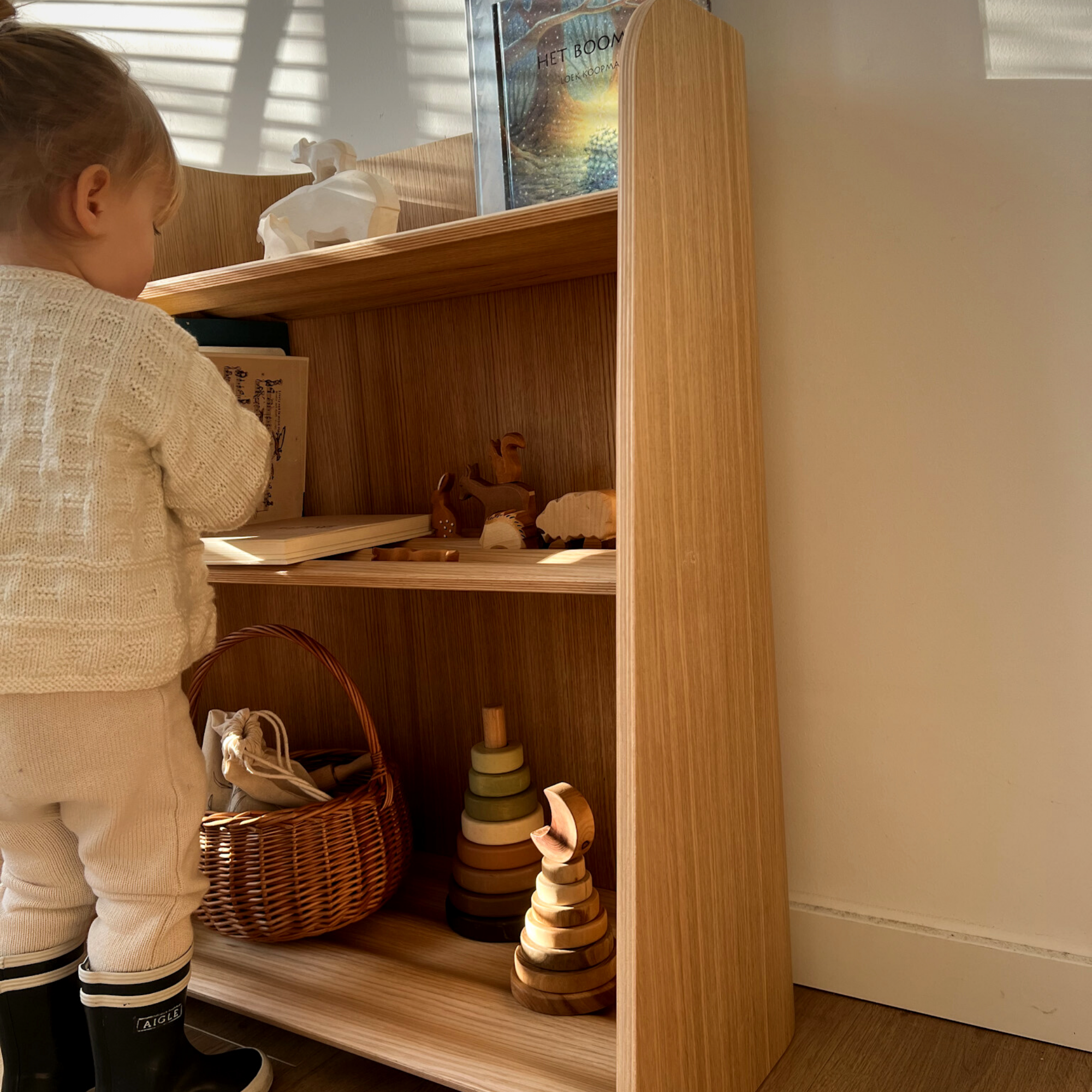 Children's Bookcase Montessori Inspired FSC Beech Wood Safe Color Ages 1+ Curved Design